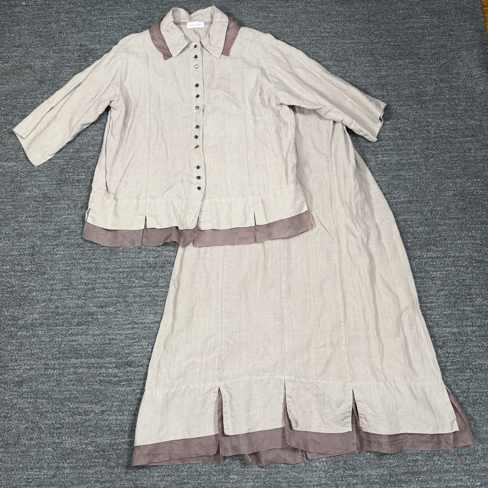 Krista Larson Linen Set Women One Size Beige Shirt Skirt Maxi Lagenlook USA